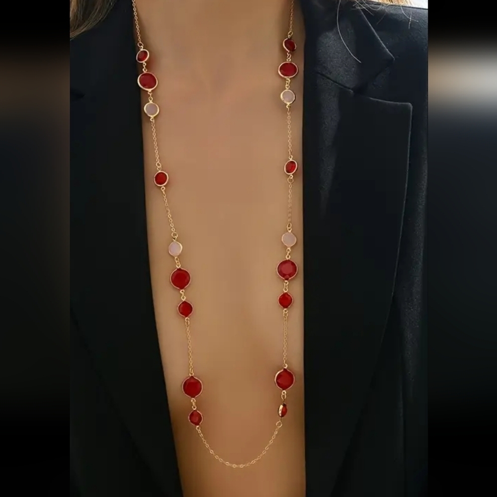 Ruby Garnet Red Faux Stone Gold Tone 37" Necklace